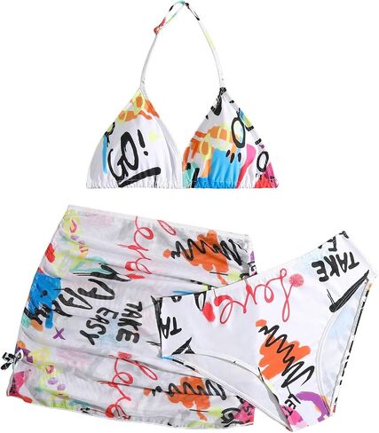 OYOANGLE Girl's 3 Pieces Bikini Set Graphic Print Triangle Halter Swimsuit Summer Beach Bathing Suit in Saudi Arabia