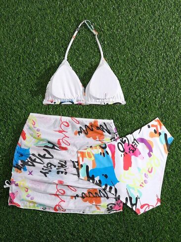 OYOANGLE Girl's 3 Pieces Bikini Set Graphic Print Triangle Halter Swimsuit Summer Beach Bathing Suit in Saudi Arabia