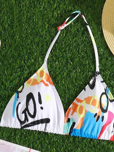 OYOANGLE Girl's 3 Pieces Bikini Set Graphic Print Triangle Halter Swimsuit Summer Beach Bathing Suit in Saudi Arabia