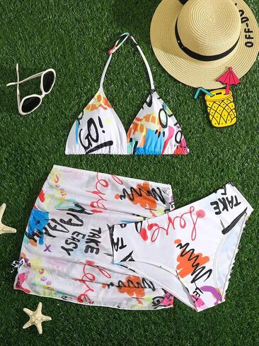 OYOANGLE Girl's 3 Pieces Bikini Set Graphic Print Triangle Halter Swimsuit Summer Beach Bathing Suit in Saudi Arabia