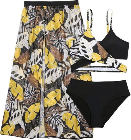 OYOANGLE Girl's 3 Piece Swimsuits Tropical Crisscross Spaghetti Straps Bikini Set with Long Cover Up Skirt in Saudi Arabia