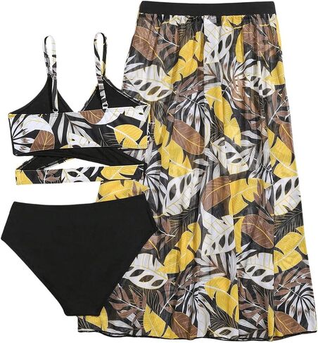 OYOANGLE Girl's 3 Piece Swimsuits Tropical Crisscross Spaghetti Straps Bikini Set with Long Cover Up Skirt in Saudi Arabia