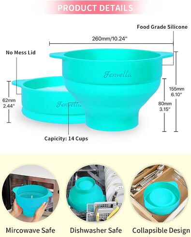 Microwave Silicone Popcorn Popper, Fenvella Collapsible Hot Air Microwavable Popcorn Maker BPA Free & Dishwasher Safe, Popcorn Bowl with Lid & Handle for Home Party in Saudi Arabia