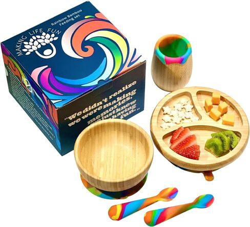 Bamboo suction plates for babies and toddlers BLW Natural wooden baby eating essentials 6-12 months Bamboo suction bowls for baby Rainbow Silicone Spoons Baby led weaning supplies for Self feeding set in Saudi Arabia