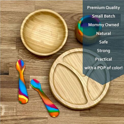Bamboo suction plates for babies and toddlers BLW Natural wooden baby eating essentials 6-12 months Bamboo suction bowls for baby Rainbow Silicone Spoons Baby led weaning supplies for Self feeding set in Saudi Arabia