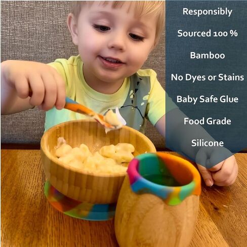 Bamboo suction plates for babies and toddlers BLW Natural wooden baby eating essentials 6-12 months Bamboo suction bowls for baby Rainbow Silicone Spoons Baby led weaning supplies for Self feeding set in Saudi Arabia