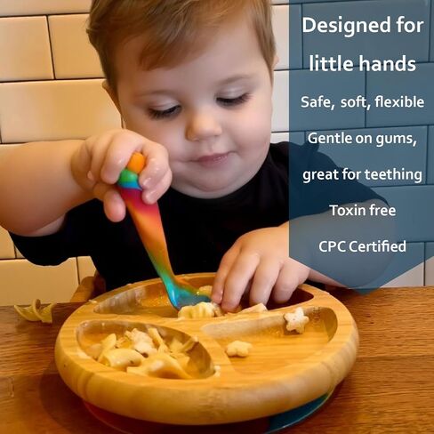 Bamboo suction plates for babies and toddlers BLW Natural wooden baby eating essentials 6-12 months Bamboo suction bowls for baby Rainbow Silicone Spoons Baby led weaning supplies for Self feeding set in Saudi Arabia