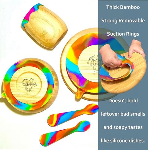 Bamboo suction plates for babies and toddlers BLW Natural wooden baby eating essentials 6-12 months Bamboo suction bowls for baby Rainbow Silicone Spoons Baby led weaning supplies for Self feeding set in Saudi Arabia