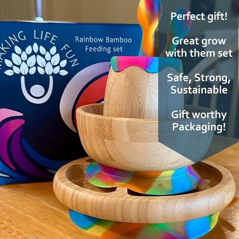 Bamboo suction plates for babies and toddlers BLW Natural wooden baby eating essentials 6-12 months Bamboo suction bowls for baby Rainbow Silicone Spoons Baby led weaning supplies for Self feeding set in Saudi Arabia