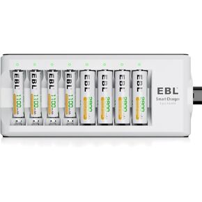 بطاريات EBL قابلة لإعادة الشحن مع شاحن، بطاريات NiMH AA 1.2 فولت 2800 مللي أمبير في الساعة 4 قطع وبطاريات AAA 1100 مللي أمبير في الساعة 4 قطع مع شاحن بطاريات ذكي 8 فتحات in Kuwait
