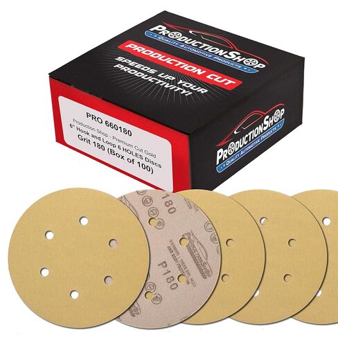 Premium 180 Grit 6" Gold Sanding Discs, 6-Hole Pattern, Box of 100 - Dustless Hook & Loop Backing Sandpaper for DA & Random Orbital Sanders, Sand Auto Paint, Wood Woodworking Furniture in Saudi Arabia