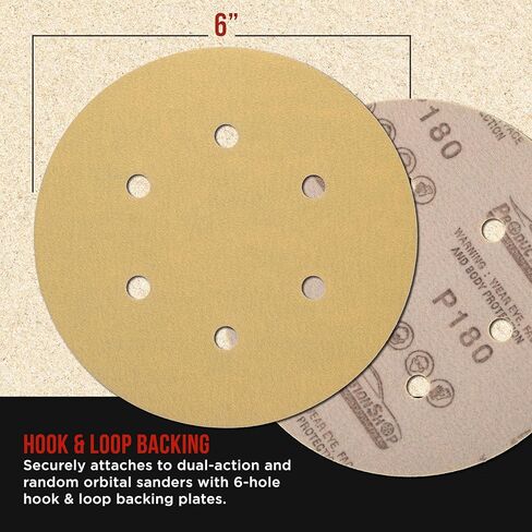 Premium 180 Grit 6" Gold Sanding Discs, 6-Hole Pattern, Box of 100 - Dustless Hook & Loop Backing Sandpaper for DA & Random Orbital Sanders, Sand Auto Paint, Wood Woodworking Furniture in Saudi Arabia