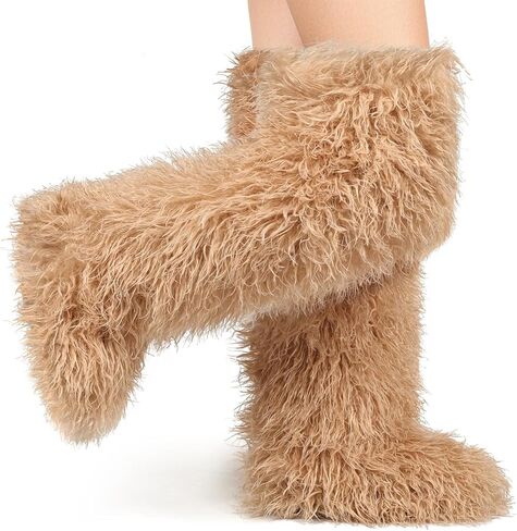 Thigh High Fur Boots Over the Knee Furry Fuzzy Fluffy Snow Winter Boots | Tall Long Faux Boot Snow Winter Round Toe for Women in Saudi Arabia