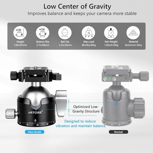 ARTCISE 56mm Low Profile Tripod Ball Head with Fast Lever Release Clamp Heavy Duty CNC Aluminum 360° Panorama Tripod Head Arca-Swiss Quick Release Plate for DSLR Camera Max Loading 88lbs/40kg in Saudi Arabia
