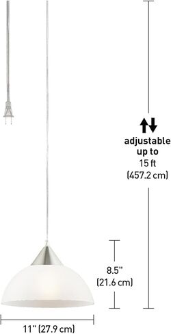 Globe Electric 64413 1-Light Plug-inمتدلية، فولاذ مصقول، ظل أبيض بلوري، سلك شفاف بطول 15 قدم، مفتاح تشغيل/إيقاف مدمج، مقبس قاعدة E26، جزيرة المطبخ، مقهى، ضوء معلق، لمبة غير متضمنة in Saudi Arabia