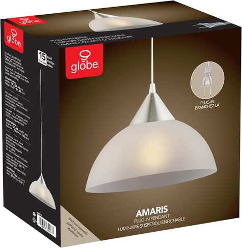 Globe Electric 64413 1-Light Plug-inمتدلية، فولاذ مصقول، ظل أبيض بلوري، سلك شفاف بطول 15 قدم، مفتاح تشغيل/إيقاف مدمج، مقبس قاعدة E26، جزيرة المطبخ، مقهى، ضوء معلق، لمبة غير متضمنة in Saudi Arabia