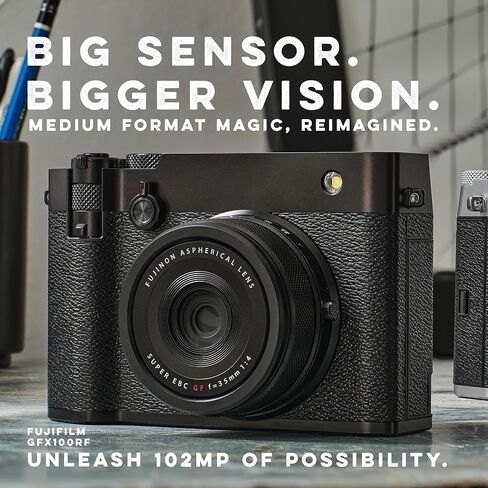 كاميرا FUJIFILM GFX100RF 102MP كبيرة الحجم بدون مرآة، نمط محدد المدى المدمج القوي، فيديو 4K/30p، تركيز تلقائي AI، عدسة F4 35 مم، مرشح ND مدمج، حزمة محاكاة فيلم 20 (أسود) in Saudi Arabia