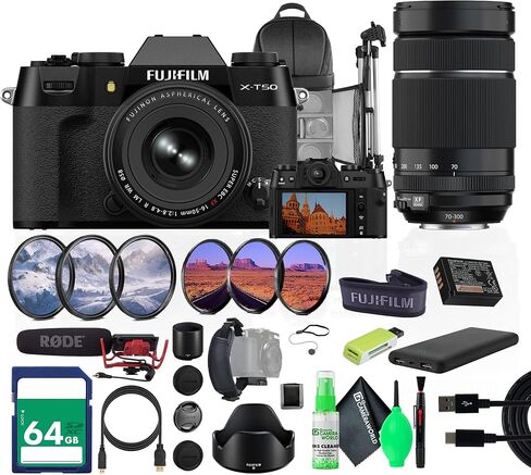 Fujifilm X-T50 Mirrorless Digital Camera XF16-50mmF2.8-4.8 R LM WR Bundle Kit + Fuji-Film XF 70-300mm f/4-5.6 R LM OIS WR Lens + 64GB Memory Card + Rode Microphone + Tripod + More (Black) in Saudi Arabia