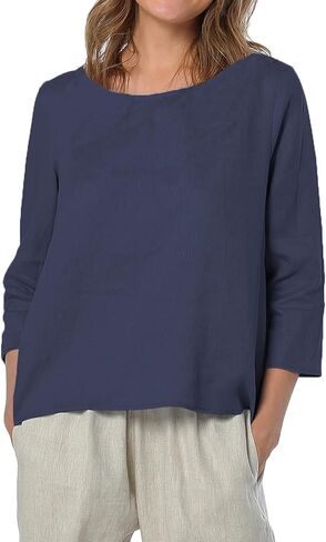 Amazhiyu Women's Linen 3/4 Sleeve Blouse Crew Neck Summer Casual Tops Loose Fit in Saudi Arabia