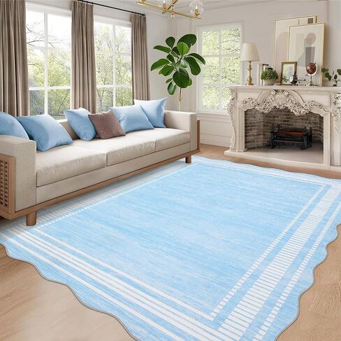 GarveeHome Scalloped 9x12 Area Rugs for Living Room Modern Neutral Washable Rugs for Bedroom Large Solid Farmhouse Carpet Abstract Bordered Carpet for Bedroom Apartment Table Dorm Nursery, Cream 9x12 in Saudi Arabia