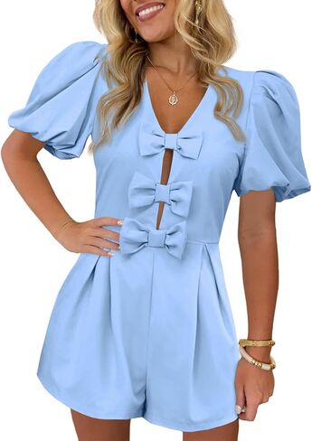Women's Cute Rompers Summer Casual Short Puff Sleeve Bow Front Short Jumpsuits Sexy V Neck Outfits in Saudi Arabia