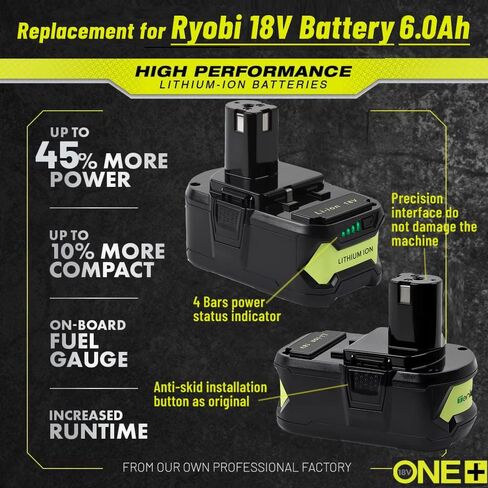 ترقية: استبدال 6.0 أمبير لبطارية Ryobi 18V PBP005 PBP006 PBP004 PBP007 PBP003 PBP002 PBP1104 PBP1008 PBP1012 P108 P102 P103 P104 P105، متوافق مع Ryobi ONE+ أداة طاقة لاسلكية وشاحن in Kuwait