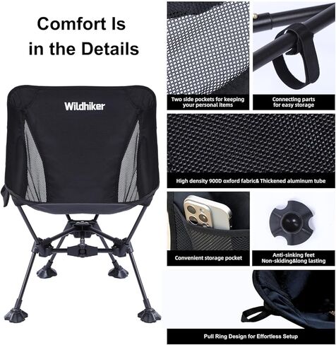 Wildhiker كراسي التخييم المحمولة خفيفة الوزن مع أقدام كبيرة لمكافحة الشاطئ ، المشي لمسافات طويلة ، دراجة نارية ، حقائب الظهر ، السفر ، المهرجان-الاستخدام على جميع التضاريس-أسود in Saudi Arabia