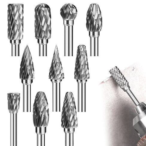 10Pcs Carbide Burr Bits Set Double-Cut Burr Compatible with 1/8" Shank Rotary Tool for Metal Aluminum Wood-Stone Steel PlasticCarving Cutting Grinding in Saudi Arabia