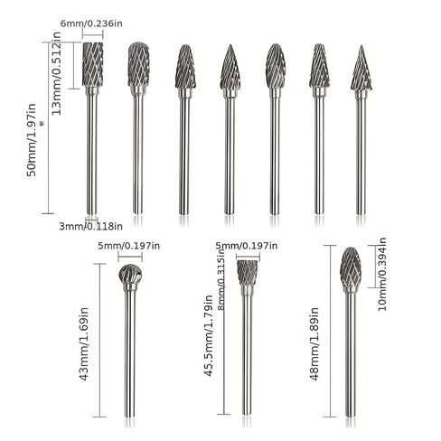 10Pcs Carbide Burr Bits Set Double-Cut Burr Compatible with 1/8" Shank Rotary Tool for Metal Aluminum Wood-Stone Steel PlasticCarving Cutting Grinding in Saudi Arabia