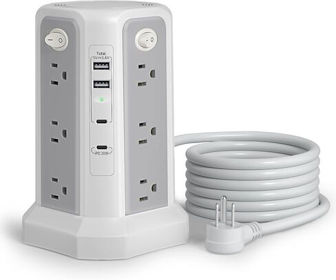 10FT Extension Cord with Multiple Outlets Flat Plug Braided Cord, PASSUS Surge Protector Power Strip with USB C(PD18W) Port,Tower Outlets with USB Ports,Overload Protection for Home Office DormRoom in Kuwait