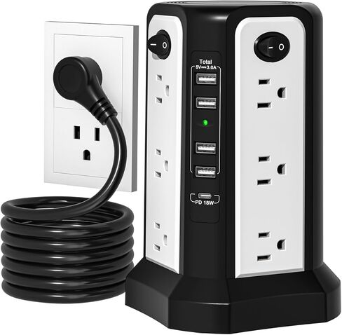 10FT Extension Cord with Multiple Outlets Flat Plug Braided Cord, PASSUS Surge Protector Power Strip with USB C(PD18W) Port,Tower Outlets with USB Ports,Overload Protection for Home Office DormRoom in Kuwait