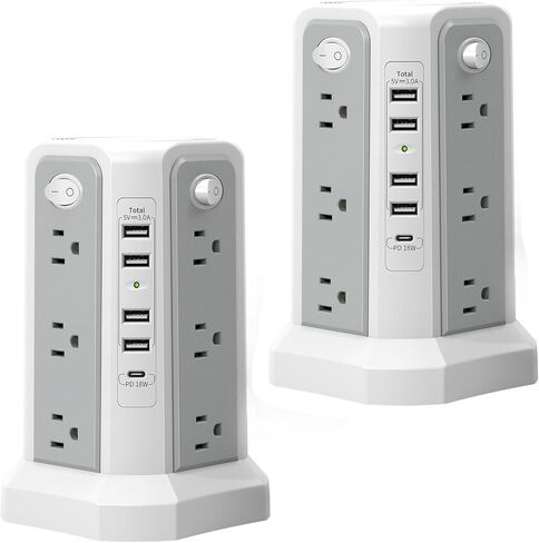 10FT Extension Cord with Multiple Outlets Flat Plug Braided Cord, PASSUS Surge Protector Power Strip with USB C(PD18W) Port,Tower Outlets with USB Ports,Overload Protection for Home Office DormRoom in Kuwait