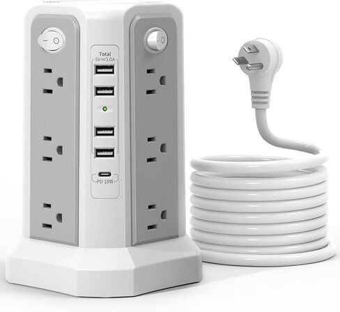 10FT Extension Cord with Multiple Outlets Flat Plug Braided Cord, PASSUS Surge Protector Power Strip with USB C(PD18W) Port,Tower Outlets with USB Ports,Overload Protection for Home Office DormRoom in Kuwait