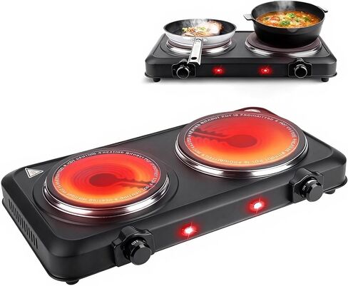 2000W Hot Plate,Portable Electric Stove Countertop Double Burner Infrared Burner with 7.5" & 6.3" Ceramic Glass Cooktop Stepless Temperature Adjustments for Home in Kuwait