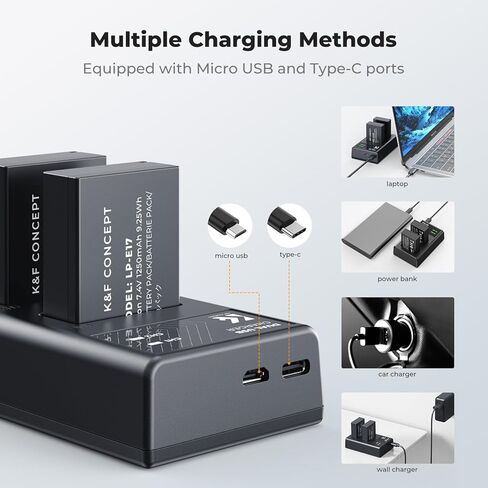 شاحن بطارية K&F CONCEPT LP-E17، شاحن USB-C LPE17 بفتحة مزدوجة متوافق مع كاميرات Canon R100، R50، R8، RP in Kuwait