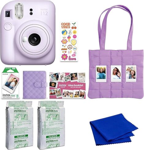حزمة عطلة كاميرا الفيلم الفوري FUJIFILM instax mini 12 (أرجواني أرجواني) مع 2 × فيلم Instax Mini الفوري - حزمة رقائق معدنية وقماش من الألياف الدقيقة in Kuwait