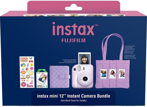 حزمة عطلة كاميرا الفيلم الفوري FUJIFILM instax mini 12 (أرجواني أرجواني) مع 2 × فيلم Instax Mini الفوري - حزمة رقائق معدنية وقماش من الألياف الدقيقة in Kuwait