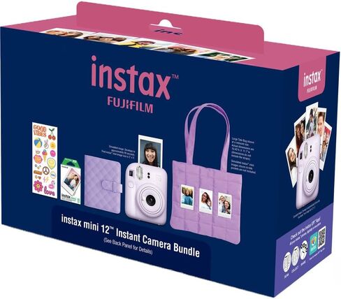 حزمة عطلة كاميرا الفيلم الفوري FUJIFILM instax mini 12 (أرجواني أرجواني) مع 2 × فيلم Instax Mini الفوري - حزمة رقائق معدنية وقماش من الألياف الدقيقة in Kuwait