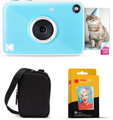 حزمة Kodak Printomatic+ للطباعة الفورية للكاميرا الرقمية + حقيبة حمل + ورق صور Zink 20pk لاصق من الخلف - 10 ميجابكسل، صور كاملة الألوان، مؤشر حالة GB LED - أزرق in Kuwait
