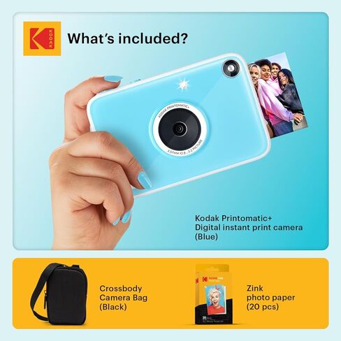 حزمة Kodak Printomatic+ للطباعة الفورية للكاميرا الرقمية + حقيبة حمل + ورق صور Zink 20pk لاصق من الخلف - 10 ميجابكسل، صور كاملة الألوان، مؤشر حالة GB LED - أزرق in Kuwait