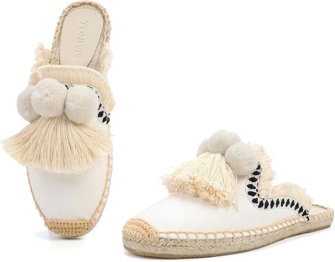 Women's Mule Flat Shoes with Tassel & Pompom, Espadrilles Slides Backless Slipper Slip on Shoes in Kuwait