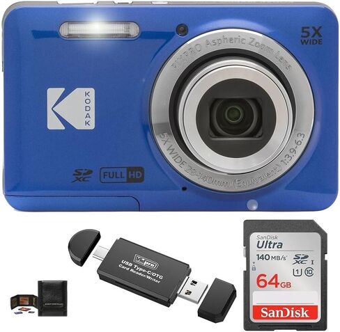 حزمة الكاميرا الرقمية KODAK PIXPRO FZ55، تتضمن: بطاقة ذاكرة SanDisk 64 جيجابايت SDXC، قارئ بطاقة SD متوافق مع أجهزة الكمبيوتر والهواتف الذكية ومحفظة بطاقة الذاكرة (4 عناصر) (أسود) in Saudi Arabia