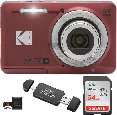 حزمة الكاميرا الرقمية KODAK PIXPRO FZ55، تتضمن: بطاقة ذاكرة SanDisk 64 جيجابايت SDXC، قارئ بطاقة SD متوافق مع أجهزة الكمبيوتر والهواتف الذكية ومحفظة بطاقة الذاكرة (4 عناصر) (أسود) in Saudi Arabia