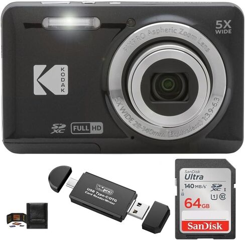 حزمة الكاميرا الرقمية KODAK PIXPRO FZ55، تتضمن: بطاقة ذاكرة SanDisk 64 جيجابايت SDXC، قارئ بطاقة SD متوافق مع أجهزة الكمبيوتر والهواتف الذكية ومحفظة بطاقة الذاكرة (4 عناصر) (أسود) in Saudi Arabia