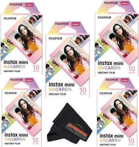 مجموعة متنوعة من أفلام Fujifilm Instax Mini Film - 5 أنماط فريدة لكاميرات Instax + قطعة قماش تنظيف من الألياف الدقيقة لصور Sunshine الإضافية - معكرون - (5 عبوات × 10 ورقات) in Kuwait