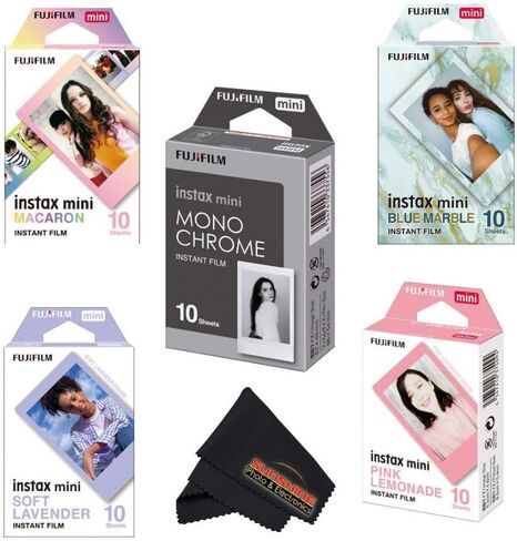 مجموعة متنوعة من أفلام Fujifilm Instax Mini Film - 5 أنماط فريدة لكاميرات Instax + قطعة قماش تنظيف من الألياف الدقيقة لصور Sunshine الإضافية - معكرون - (5 عبوات × 10 ورقات) in Kuwait