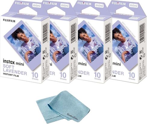 فيلم Fujifilm Mini Instant - فيلم فوري لافندر ناعم + حزمة أوراق + قطعة قماش للتنظيف من الألياف الدقيقة من BluebirdSales، كاميرا صغيرة فورية مثالية للتصوير الفوري (4 عبوات) in Kuwait