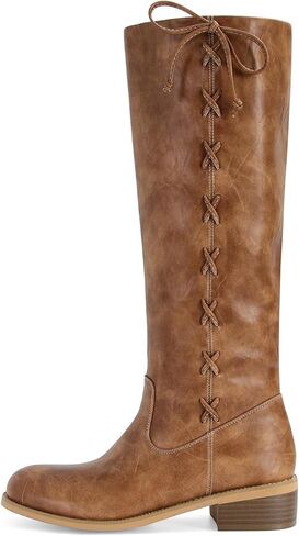 MICIFA Knee High Boots for Women Fashion Side-Lace Leather Campus Riding Tall Boots Round Toe Chunky Heel Wide Calf Motorcycle Biker Boot in Saudi Arabia