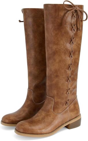 MICIFA Knee High Boots for Women Fashion Side-Lace Leather Campus Riding Tall Boots Round Toe Chunky Heel Wide Calf Motorcycle Biker Boot in Saudi Arabia