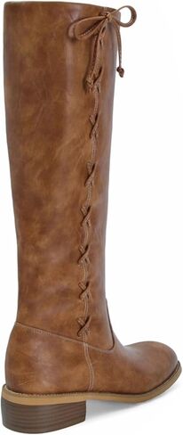 MICIFA Knee High Boots for Women Fashion Side-Lace Leather Campus Riding Tall Boots Round Toe Chunky Heel Wide Calf Motorcycle Biker Boot in Saudi Arabia